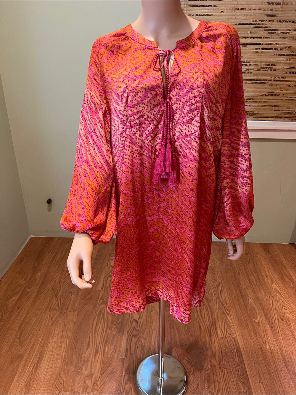 H&M Conscious Vibrant Pink-Orange Tassel Tunic Dress Size 14